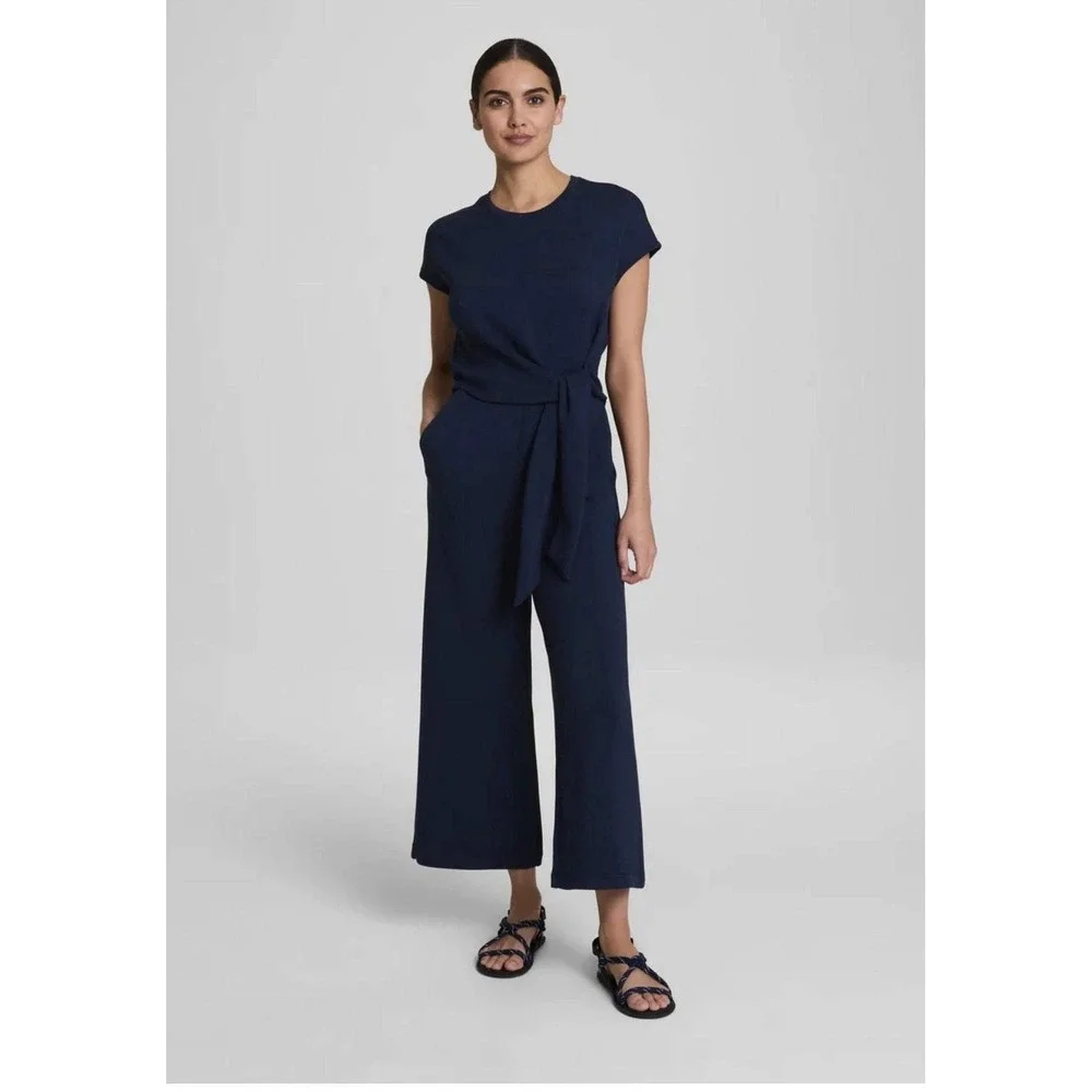 SPANX Air Essentials Wide Leg Tie Waist Jumpsuit Navy Blue Womens Small Petite